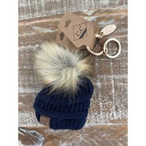 C.C Exclusives‎ Pom Pom Navy Beanie Cap Hat Keychain w/ Gold Tone Clasp Key Ring